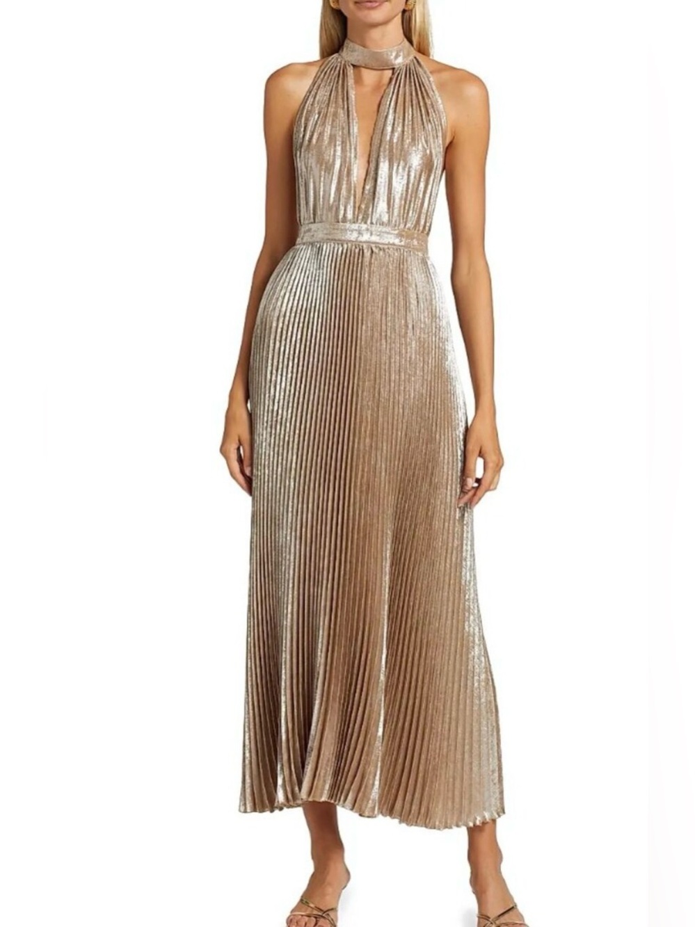 Lidee Chateau Gold Pleated Halter Dress NWT